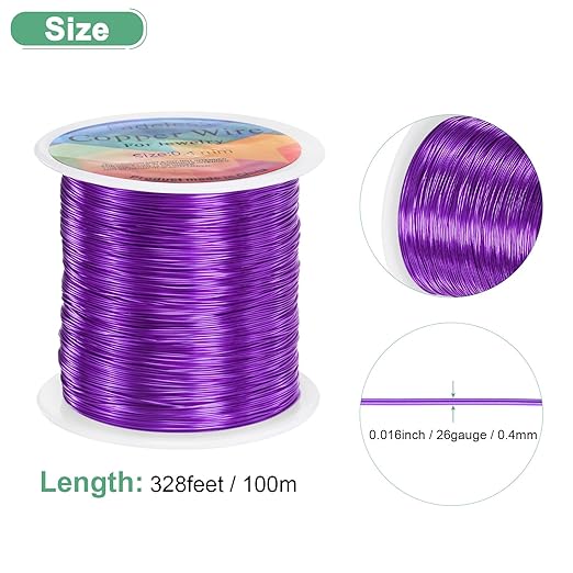 0.4mm Jewelry Wire, 26 Gauge 328FT Craft Wire Copper Beading Wire for Jewelry Making/Planting/Weaving/DIY Crafting, Soft Metal Wires [100M, Purple]
