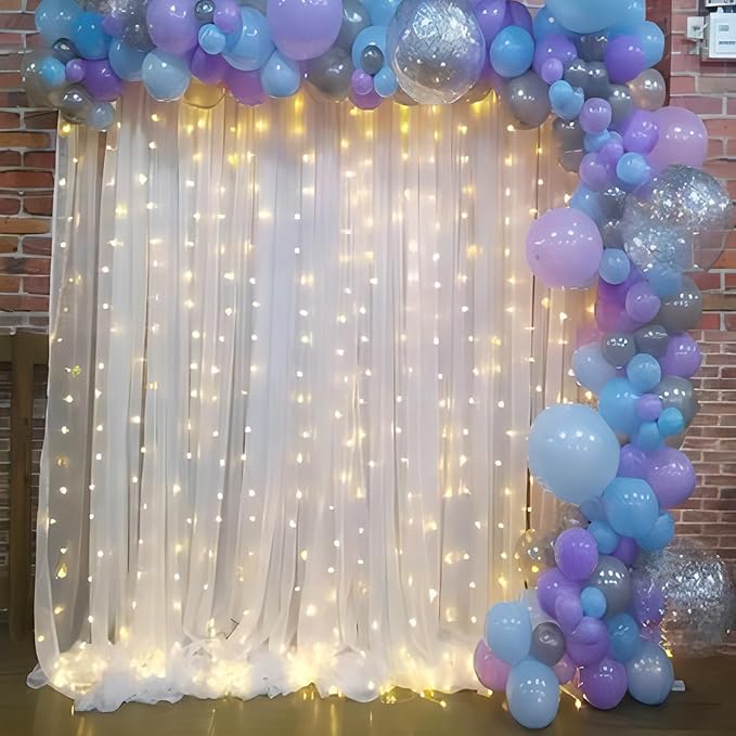 10×10ft White Tulle Backdrop Curtain with Lights String for Parites, Sheer Curtain Backdrop Drapes for Wedding Party Home Decorations