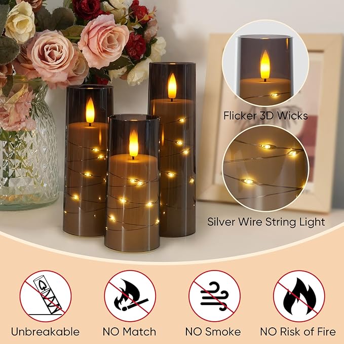 Raycare Flameless Candle with Remote Timer – 5 Flickering Acrylic Battery Operated LED Pillar Candles with Embedded Star String for Halloween, Fall Decor, Harvest Festival Gifts(Grey)