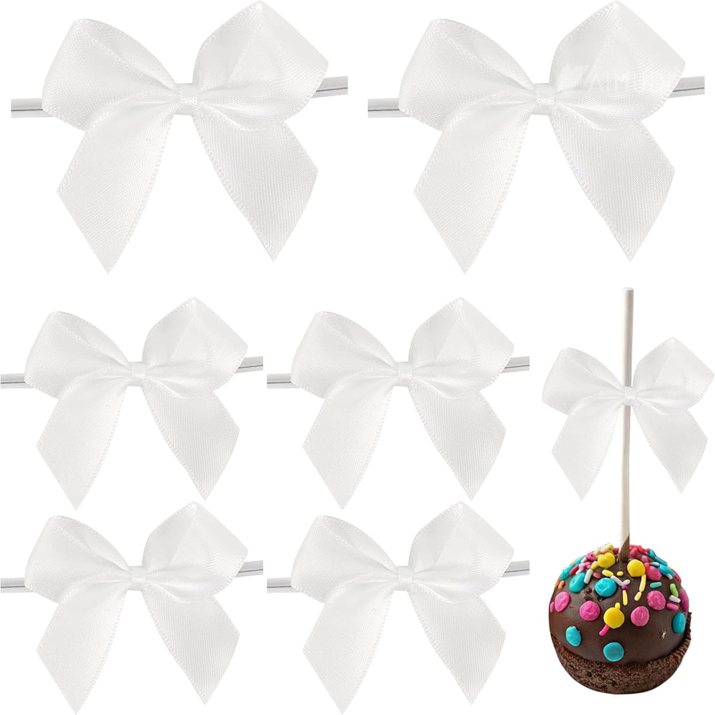 AIMUDI White Satin Bows 2" Satin Bow for Gift Wrapping Small Bows with Twist Ties Premade Ribbon Bow for Crafts Cake Pop Treat Bags Wedding Bridal Shower Birthday Party Decoration, 50 PCs