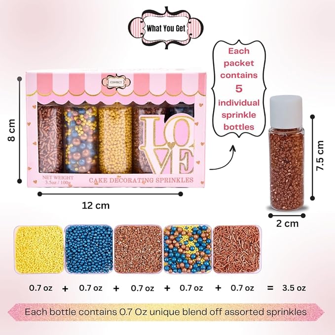 Sprinkles - Confect Sprinkles for Cakes & Cupcakes Decoration Assorted pack of 5 ?Graduation Day Mix Yellow, Copper & Navy Blue Pearl Dragees Copper Jimmies Bronze Sparkling Sugar | Vegan, Gluten-Free, Nut-Free, Soy-Free, Dairy-Free, Palm Oil-Free- 5 Oz