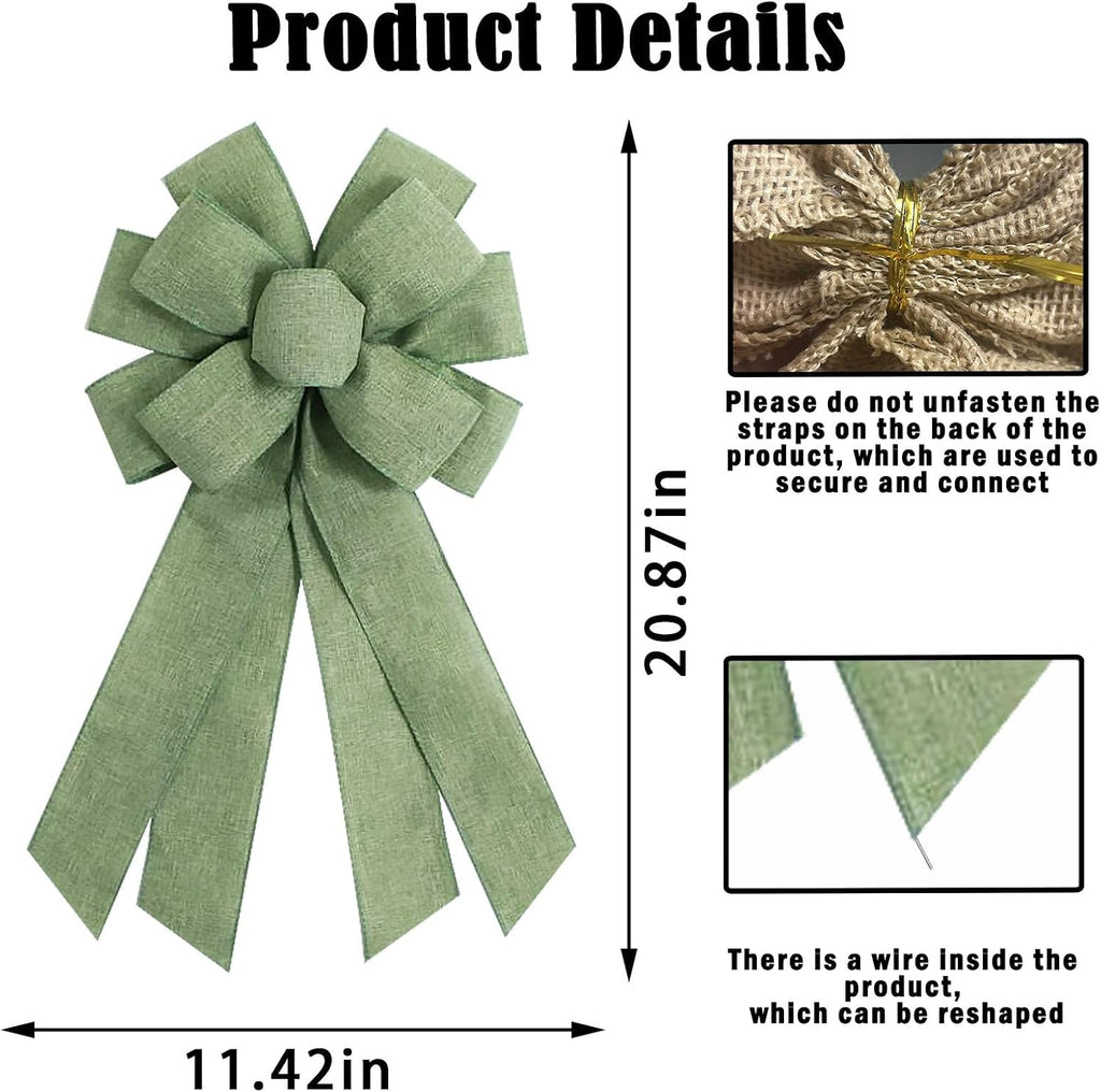 Sage Green Burlap Wreath Bow 20 x 11 Inches Birthday Bows Baby Shower Farmhouse Ribbon Bow Tree Ornament for Home Front Door Decorations