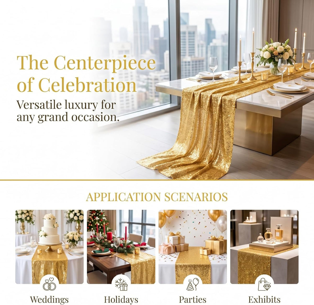 ShinyBeauty 15 Pack Gold Sequin Table Runner 12x108 Inches Wedding Party