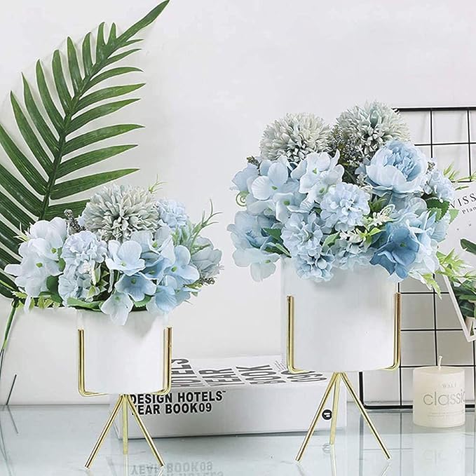 Artificial Flowers, 4 Packs Blue Fake Peony Silk Hydrangea Bouquet Decor Plastic Carnations Daisy Realistic Flower Home Office Party Decor Arrangements Wedding Decoration Table Centerpieces