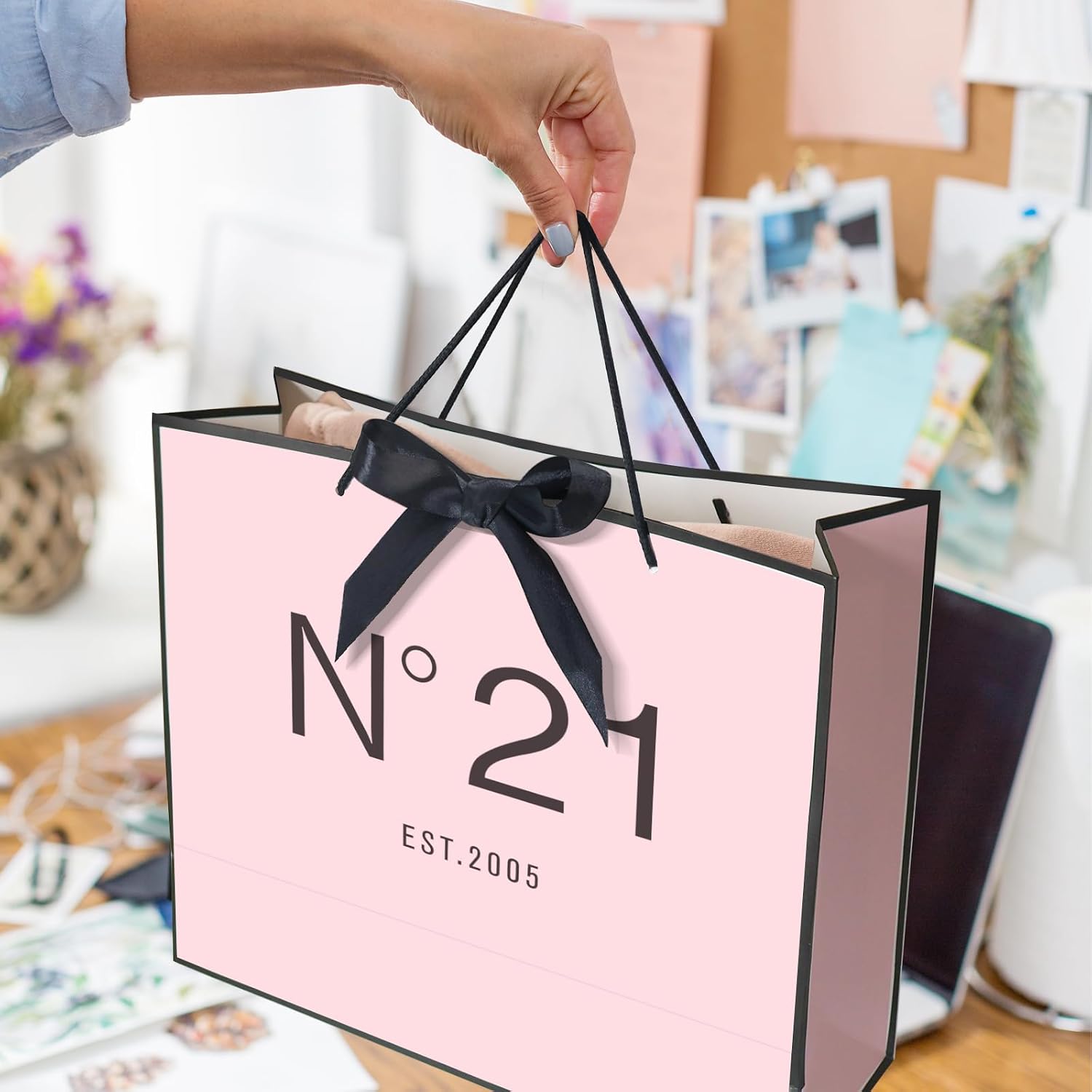 QLSKO 13" Birthday Gift Bag with Card Envelope Sticker Bow Ribbon and Tissue papers for Women Girls Design with Handles,13th-100th (EST.2005 21st, 13" W x 10.5" H x 4.3" D)