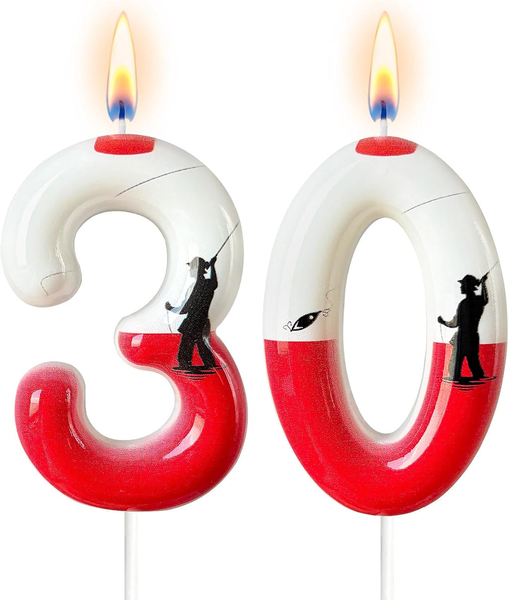 Fishing Birthday Candle Number 30 for Men, Red and White Bobber Cake Topper, Dad Grandpa Cake Decoration