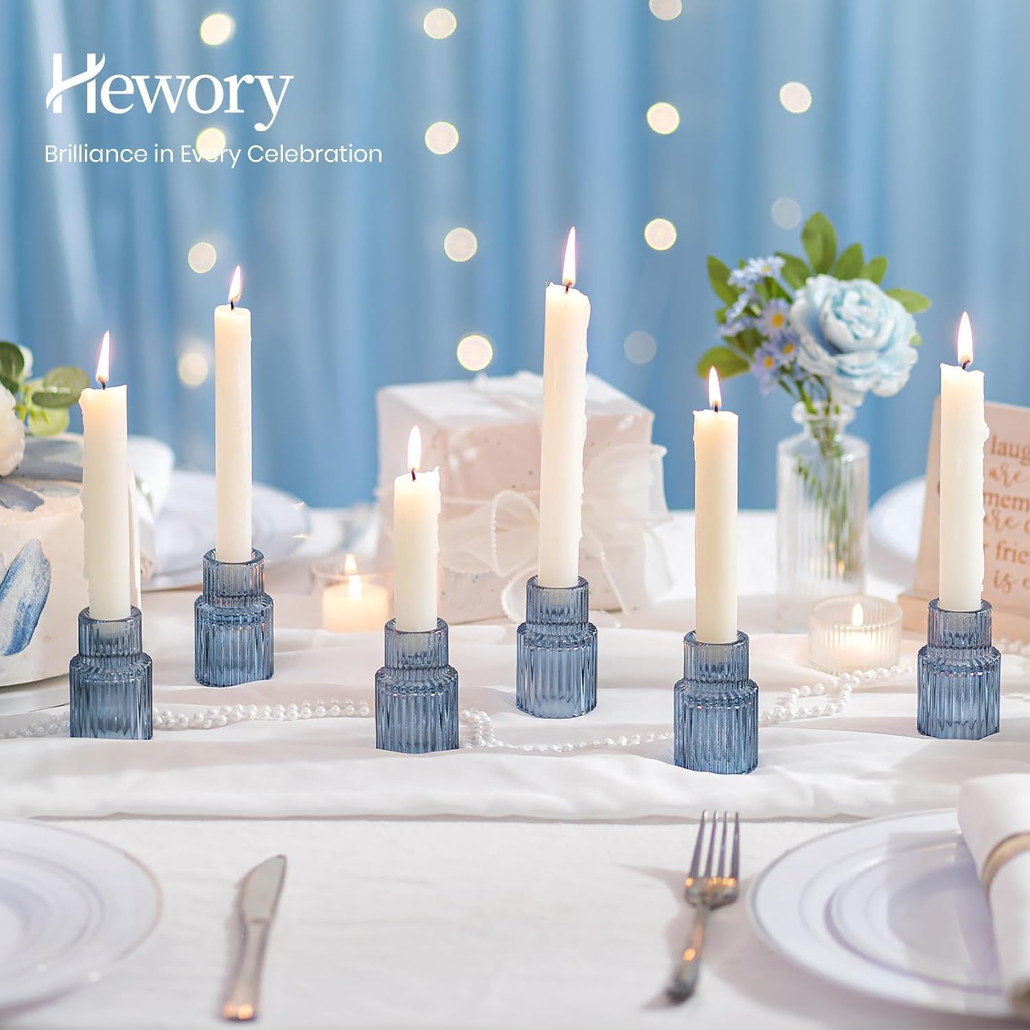 Hewory Glass Candlestick Candle Holder: 2PCS Blue Glass Taper Candle Holders for Table Centerpiece, Vintage Tapered Candlestick Holders for Christmas Centerpiece Wedding Party Holiday Home Decor