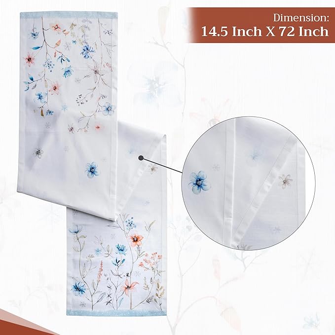 Maison d' Hermine Table Runner 100% Cotton Single Layer Table Runners 72 inches Long for Thanksgiving Christmas Decorations Home Kitchen Dining Party Wedding (Ice Florals, 14.5" x 72")