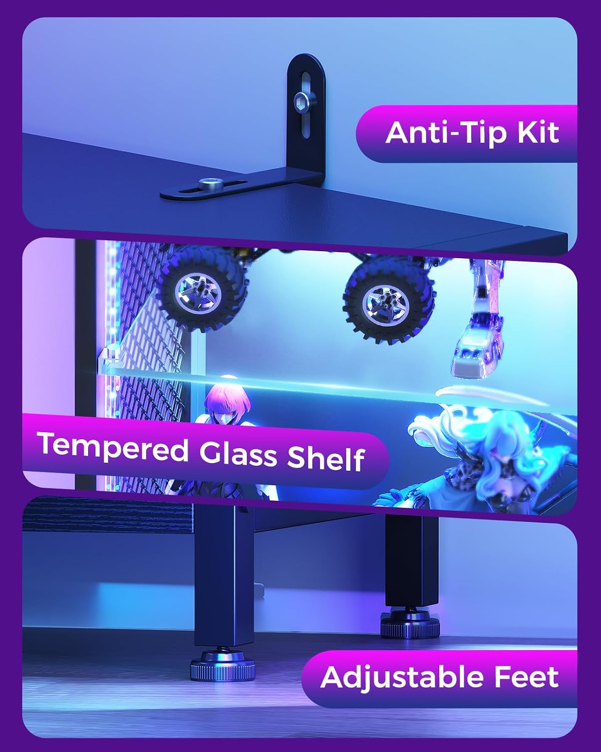 aodk 72" tall display case with led lights showing dimensions