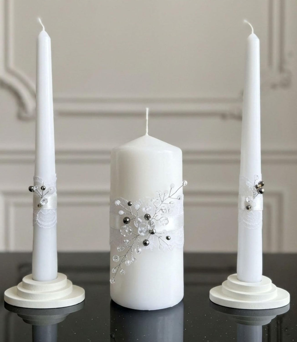 Unity Candle Set - Wedding Ceremony & Reception – 6” Pillar & Two 10” Taper Candles – Long Burning Unity Candles for Marriage Ritual – Handmade in USA –Diamond | White
