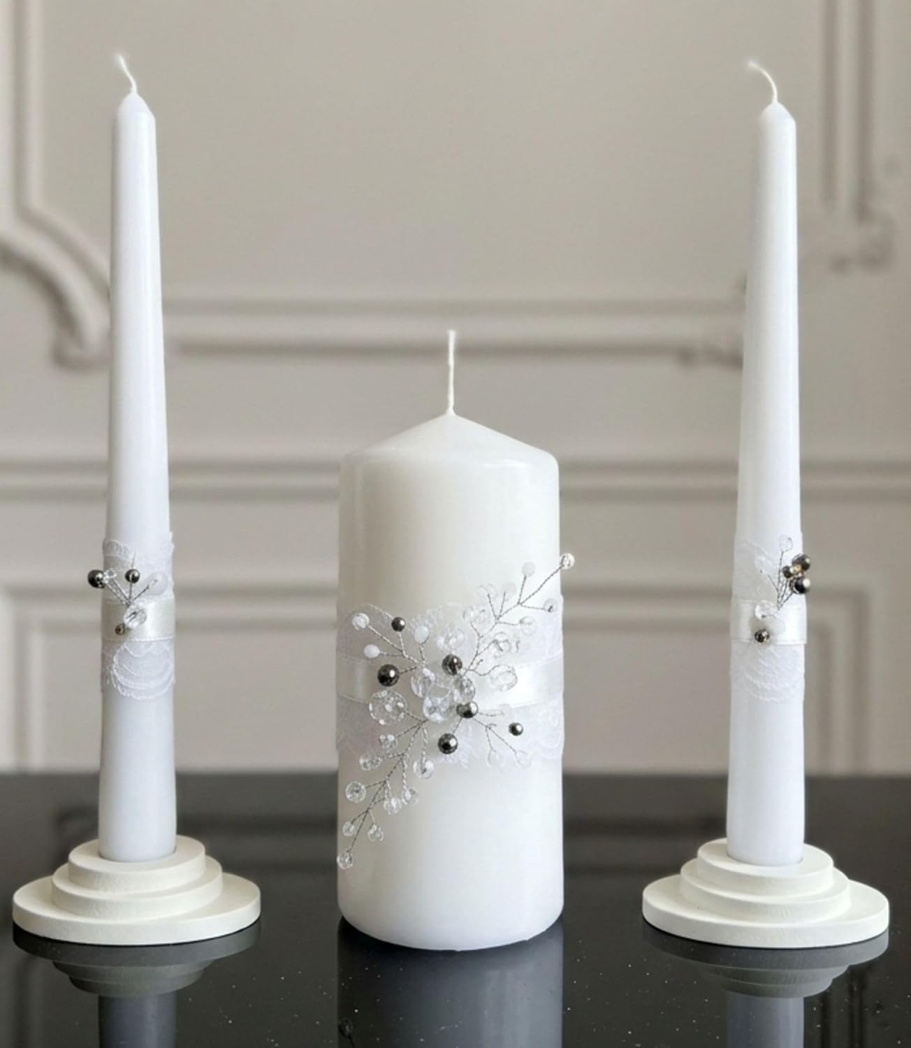 Unity Candle Set - Wedding Ceremony & Reception – 6” Pillar & Two 10” Taper Candles – Long Burning Unity Candles for Marriage Ritual – Handmade in USA –Diamond | White