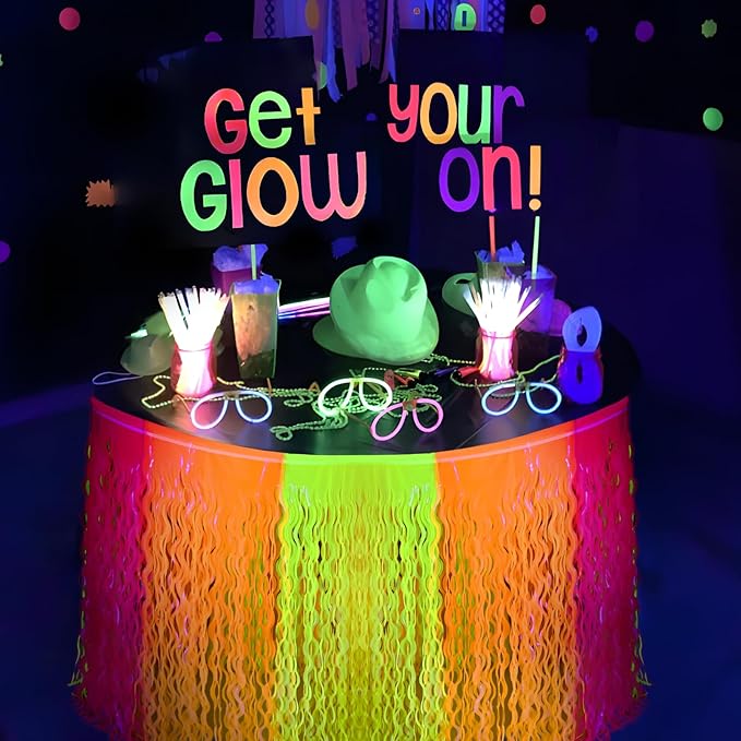 Mega-L Glow in The Dark Party Supplies, 4 Pack Neon Party Decorations Fluorescent Macaron Orange, Yellow and Fuchsia Wavy Metallic Tinsel Foil Fringe Table Skirts, Perfect Table Decors Glow Decors