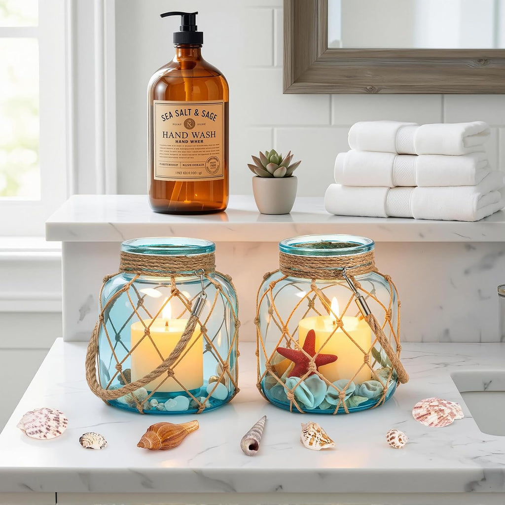 2 Set of Nautical Candle Lanterns, Coastal Beach Decor Blue Glass Jars with Rope Handle, Flameless LED Candles and Sea Shells for DIY Room Centerpiece Bathroom Ocean Decoration