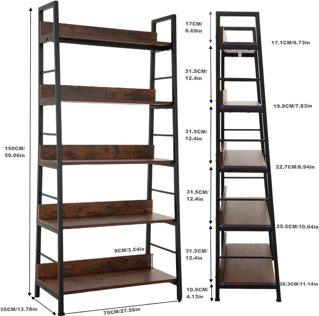 industrial bookshelf,ladder shelf 5 tier large bookcases floor, close-up detail