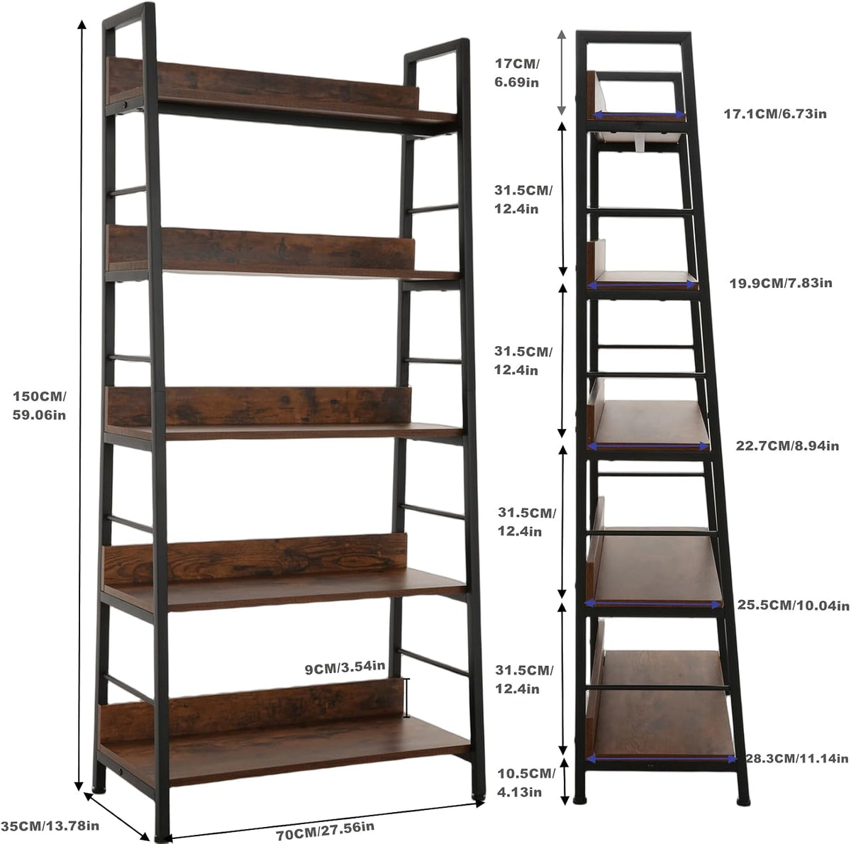 industrial bookshelf,ladder shelf 5 tier large bookcases floor, close-up detail