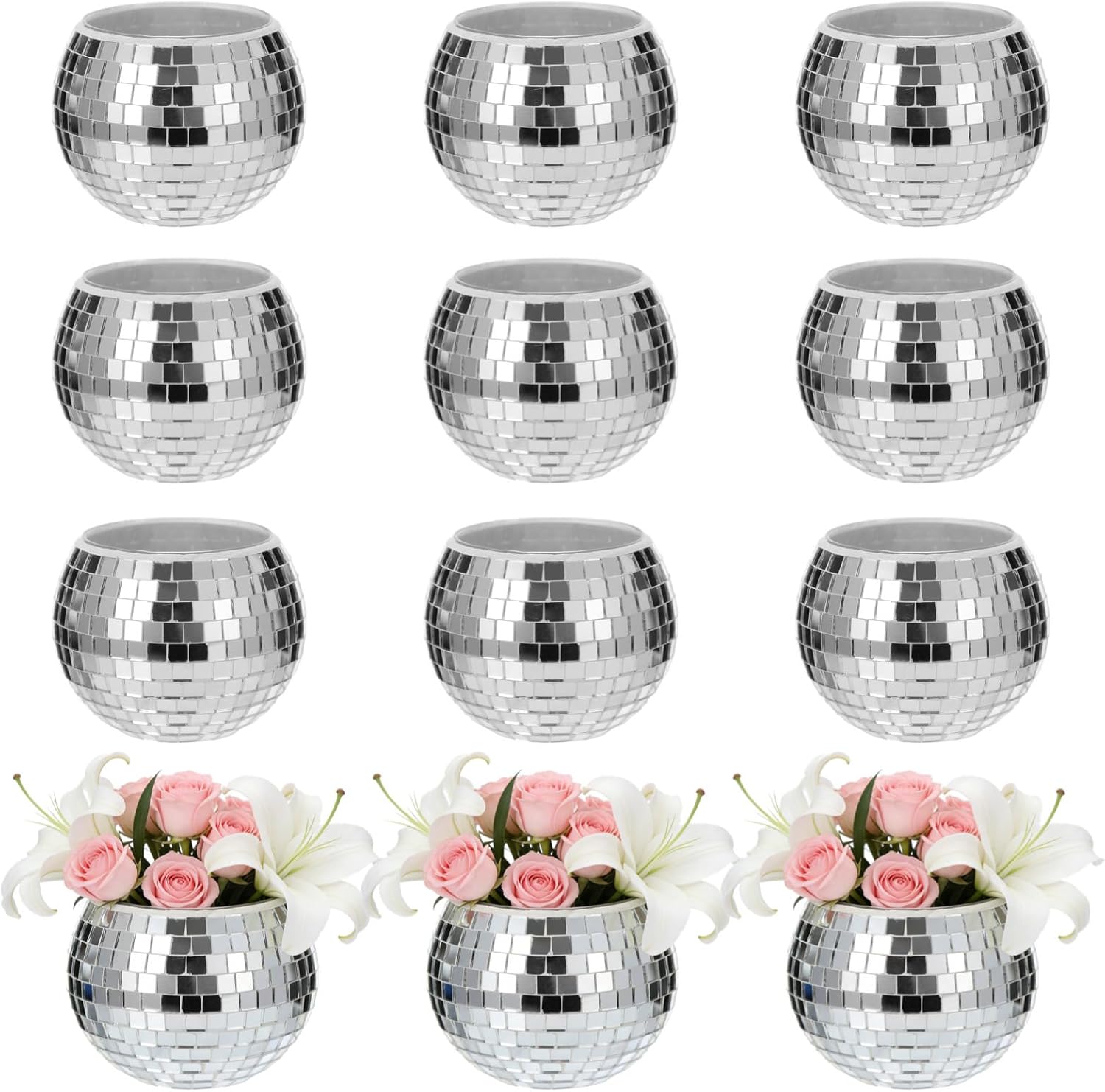 12 Pcs Disco Ball Candle Holders, Glass Mirror Reflective Vases, Sparkle Glow Modern Centerpieces Decor for Parties, Weddings, Home, 2.76 x 2.17 in