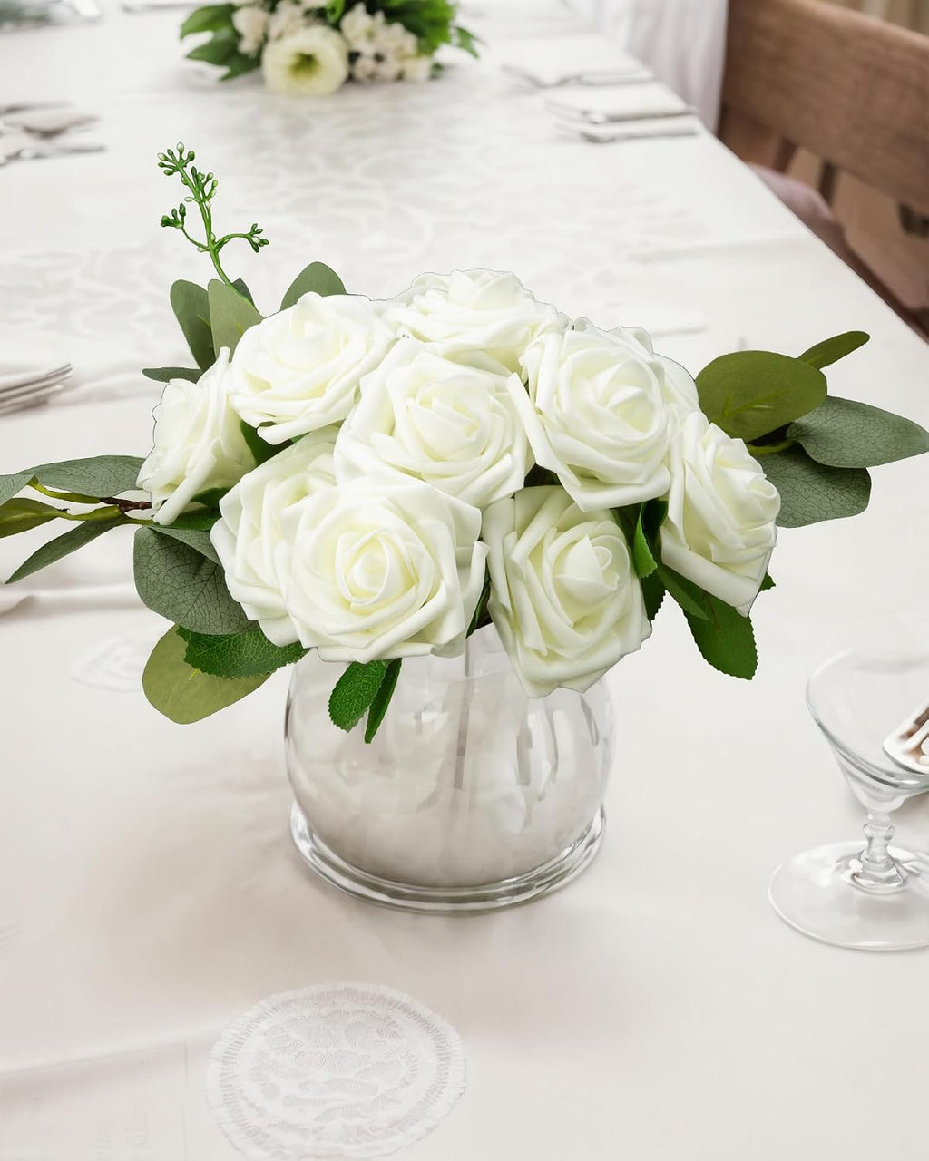 artificial flowers real looking ivory white foam fake, front angle view