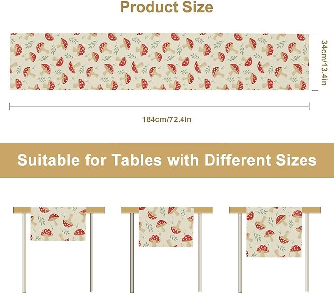 Mushroom Table Runner,Vintage Plant Print Table Runner for Kitchen Dining Table Home Party Decoration 13x36 Inch