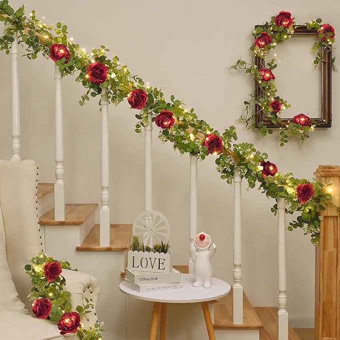 Dolicer 2Pcs 13Ft Artificial Eucalyptus Garlands with Flowers - 8 Roses, Faux Floral Greenery Garlands with 13Ft String Lights Fake Flowers Vines for Wedding Table Centerpieces Arch Party Decor (Red)