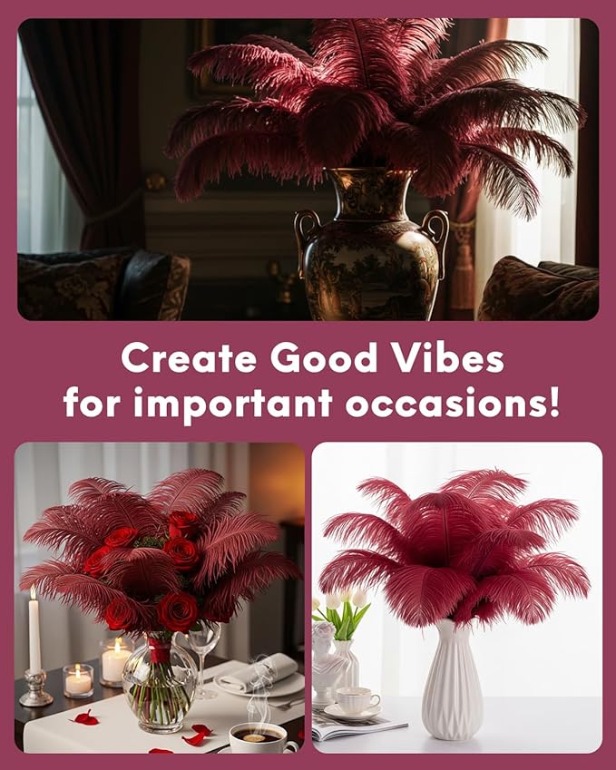 NEWONG 30pcs Wine red Ostrich Feathers Natural Bulk 11-14inch(28-35cm) Vase Craft Wedding Home Party Centerpieces Christmas Day Decoration