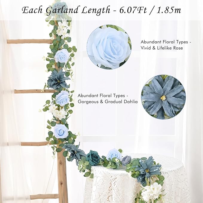 Waipfaru 6.07Ft Artificial Eucalyptus Garland With Flowers - Wedding Table Decorations, Floral Rose for Centerpieces, Backdrop Wall Flower Vines, Room Decor (Dusty Blue)