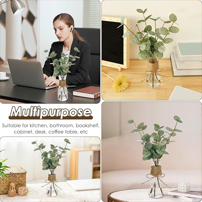 2 Pack Artificial Eucalyptus Stems in Glass Vase Decorative Greenery Artificial Plant with Double Sided Green Eucalyptus Leaves for Home Office Decor (Green-2Pcs)