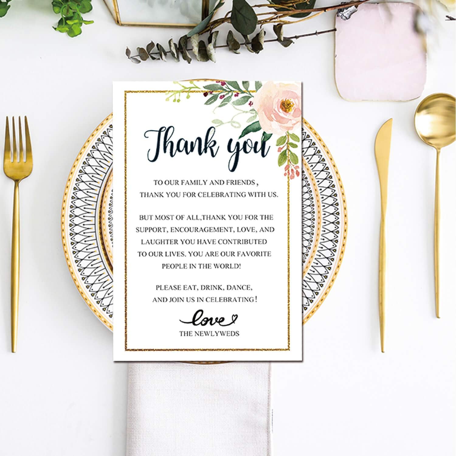 Floral Wedding Thank You Place Setting Cards, Wedding Favors for Guests, Print to Add to Your Table Centerpieces and Decorations, 4 x 6 Inch, Pack of 50