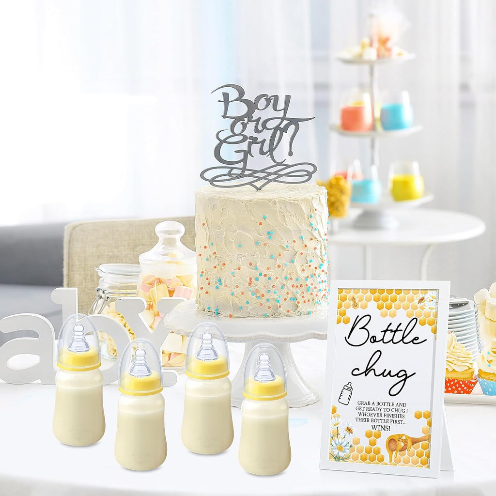 Roowest Bottle Chug Baby Shower Games Favors Including 18 Pcs Bottles with 1 Bottle Chug Wooden Sign for Gender Reveal Baby Shower Party Supplies(Yellow,Bee)