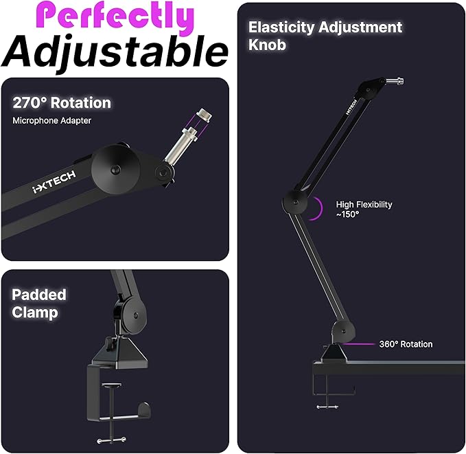 IXTECH Microphone Boom Arm Stand, Heavy Duty Adjustable Mic Stand with Cable Ties, Desk Mount Arm Stand for Gaming Streaming Podcasting.