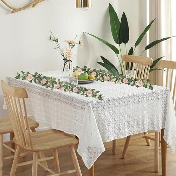 MAKHOT 2 Pcs Pink 6.6Ft Artificial Eucalyptus Flower Garland with Fake Rose Flower Vine Seeded Eucalyptus Leaves Greenery Garland for Wedding Table Backdrop Party Centerpiece Room Decor (Pink)
