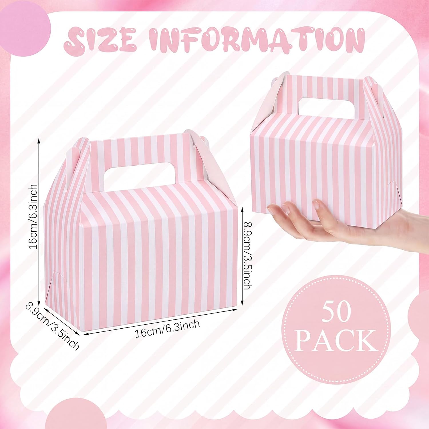 TecUnite 50 Pcs Pink Striped Party Favors Boxes Large Treat Candy Gift Boxes with Handles 6.3 x 6.3 x 3.5 Inches for Birthday Halloween Christmas Party Supplies