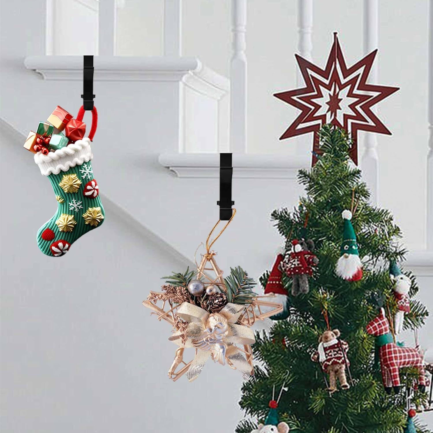 Fireplace Stocking and Garland Hanger, 2 in 1 Mantel Hanger for Garland, Fireplace Stocking Holders for Mantle Garland Hooks for Xmas Holiday Home Party Decoration (Black,3)