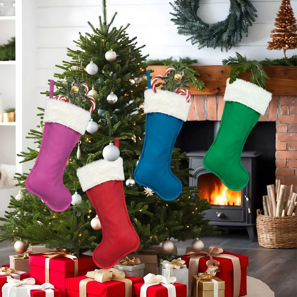 4Pack Christmas Stockings 20 Inch Large Family Christmas Stocking Decor Christmas Tree Fireplace Traditional Xmas Stocking with Super Soft Plush Cuff Décor Merry Ornaments