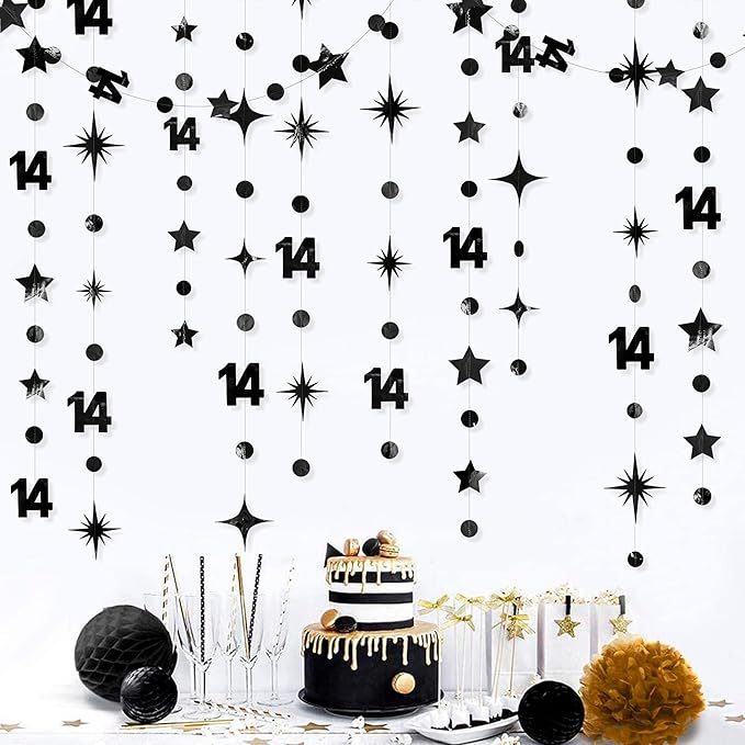 Black 14th Birthday Decorations Number 14 Circle Dot Star Garland Metallic Hanging Streamer Banner Backdrop for Girls Boys Happy 14 Years Old Fabulous Birthday Fourteen Anniversary Party Supplies