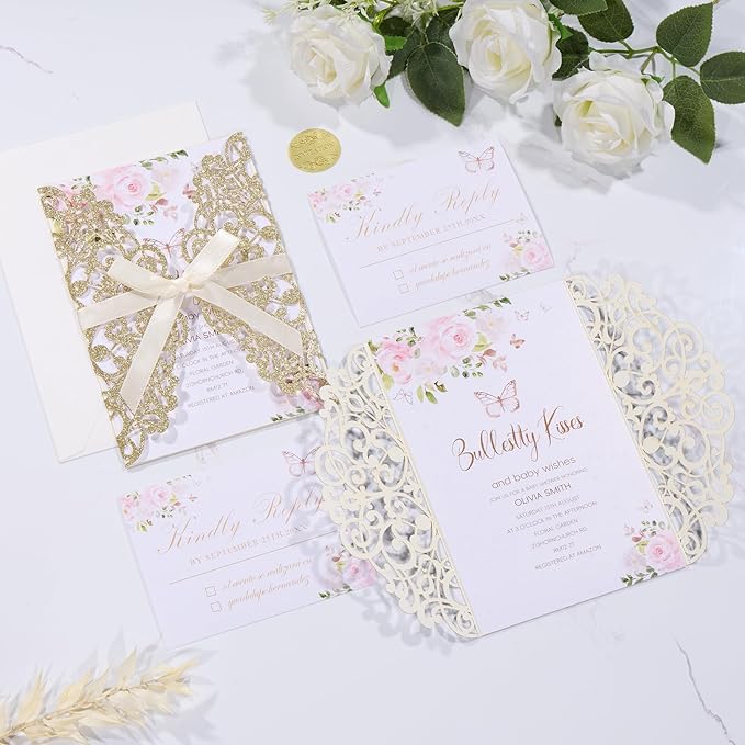 50Pcs Gold Glitter Laser Cut Wedding Invitation with Envelopes RSVP Cards and Ribbons Blank Card Invitaciones Para 15 Años Personalizados Quinceañera Baby Shower Party Invites