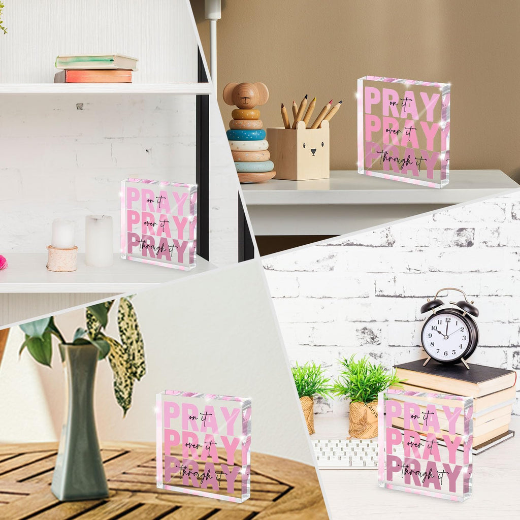 Pink Inspirational Decor Pray Over It Bible Verse Wall Art Christian Gifts for Women, 4x 4 Inches Office Desk Accessories Decor Sign, Pink Dorm Room Decoration for Women - Pray on it Pray through it