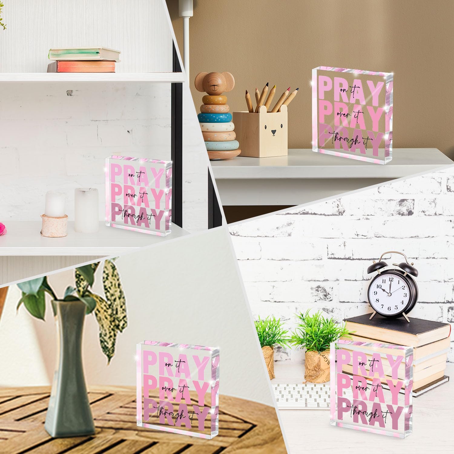 Pink Inspirational Decor Pray Over It Bible Verse Wall Art Christian Gifts for Women, 4x 4 Inches Office Desk Accessories Decor Sign, Pink Dorm Room Decoration for Women - Pray on it Pray through it