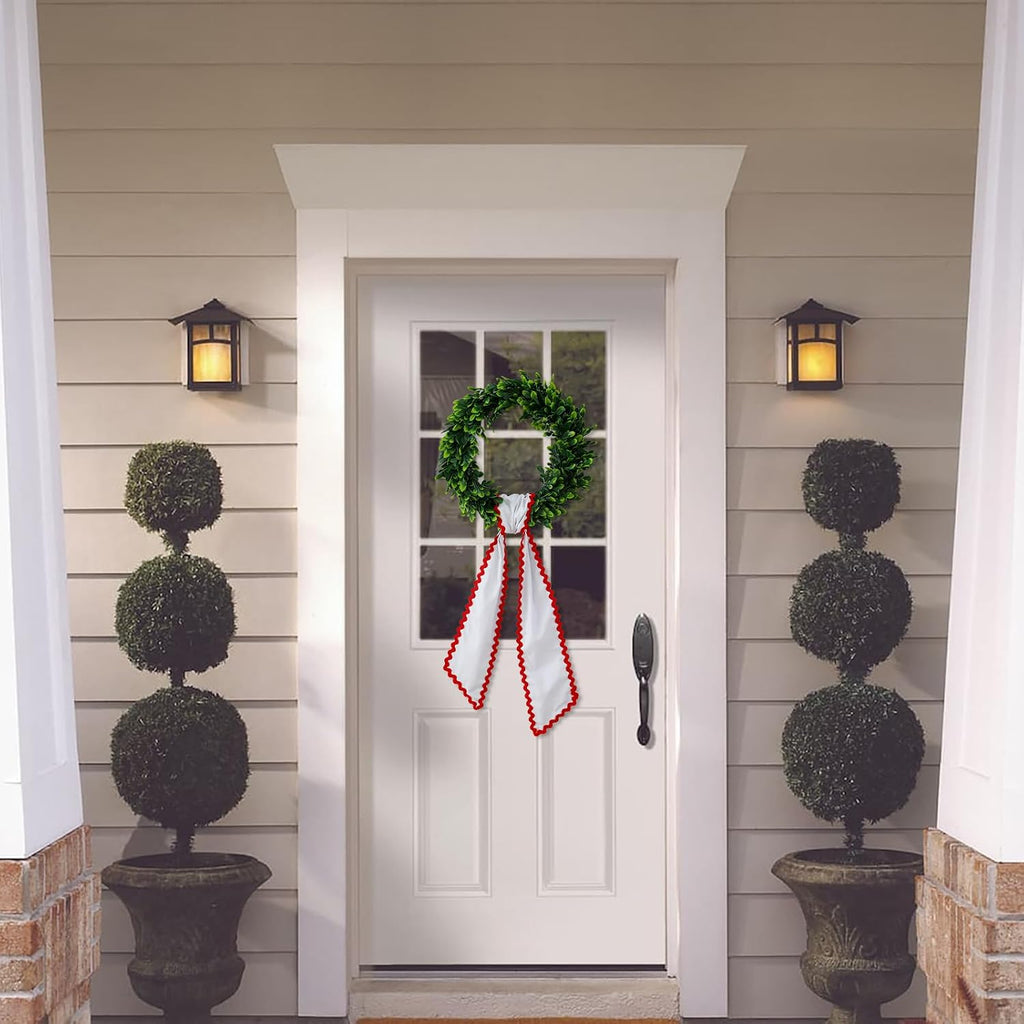 DYSHAYEN Wreath Sash for Front Door,Canvas RIC Rac Trim Wreath Accessories for Yard Doorway Indoor Outdoor Bridal Shower Xmas Home (White-Red Trim)