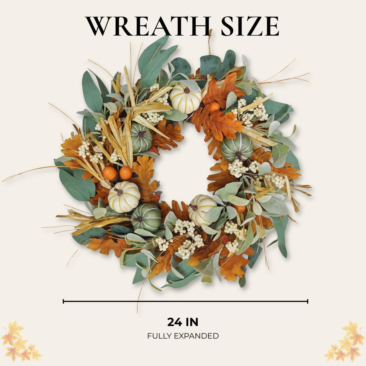 24 Inch Fall Wreaths for Front Door, Pumpkin Fall Wreath