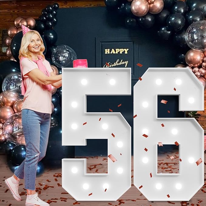Marquee Numbers Large 56th-Birthday Decorations: 4ft Light Up Number Party Decor 56 Year Old Women And Men 65th Birthday Decoration Backdrop 65 Anniversary Cardboard Big Mosaic Balloon Frame Number 56