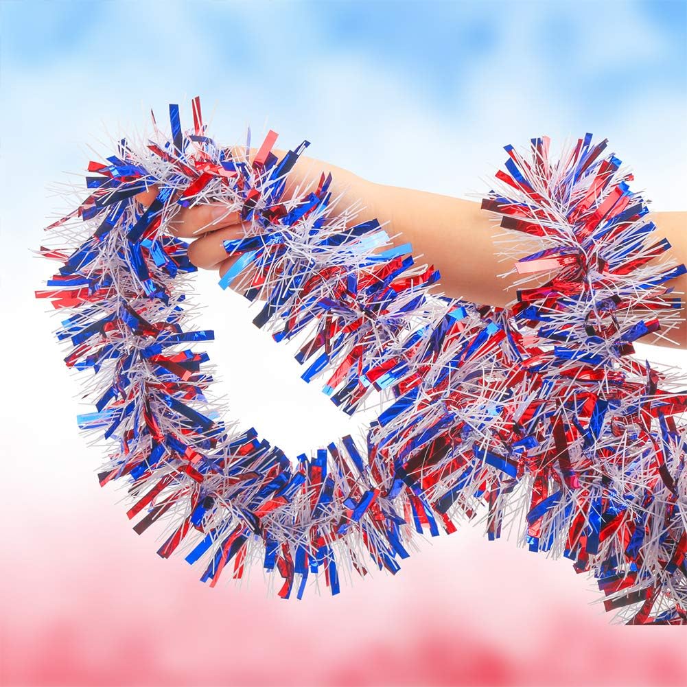 CCINEE 33ft Patriotic Tinsel Garland,Red White Blue Star Twisted Garland for 4th of July Party Independence Day Memorial Day Home Party Decoration