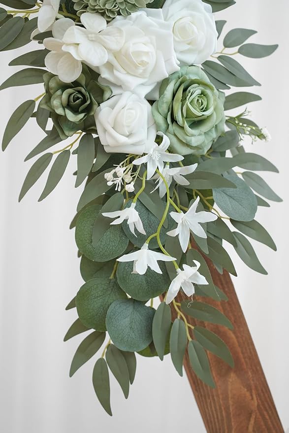 2-Pack Sage Green & White Wedding Flower Swag Set, Large: 35.43"L x 14.56"W, Small: 24.80"L x 12.99"W, Artificial Flowers for Wedding Arch, Ceremony, Table Centerpieces, Wall Hanging