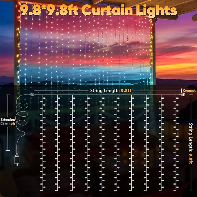 suddus Curtain Lights, 300 Led 9.8 * 9.8ft Sunset Curtain Fairy Lights, Hanging Lights for Bedroom, Backdrop, Room Decor, Wall, Window, Party, Tapestry, Multicolor