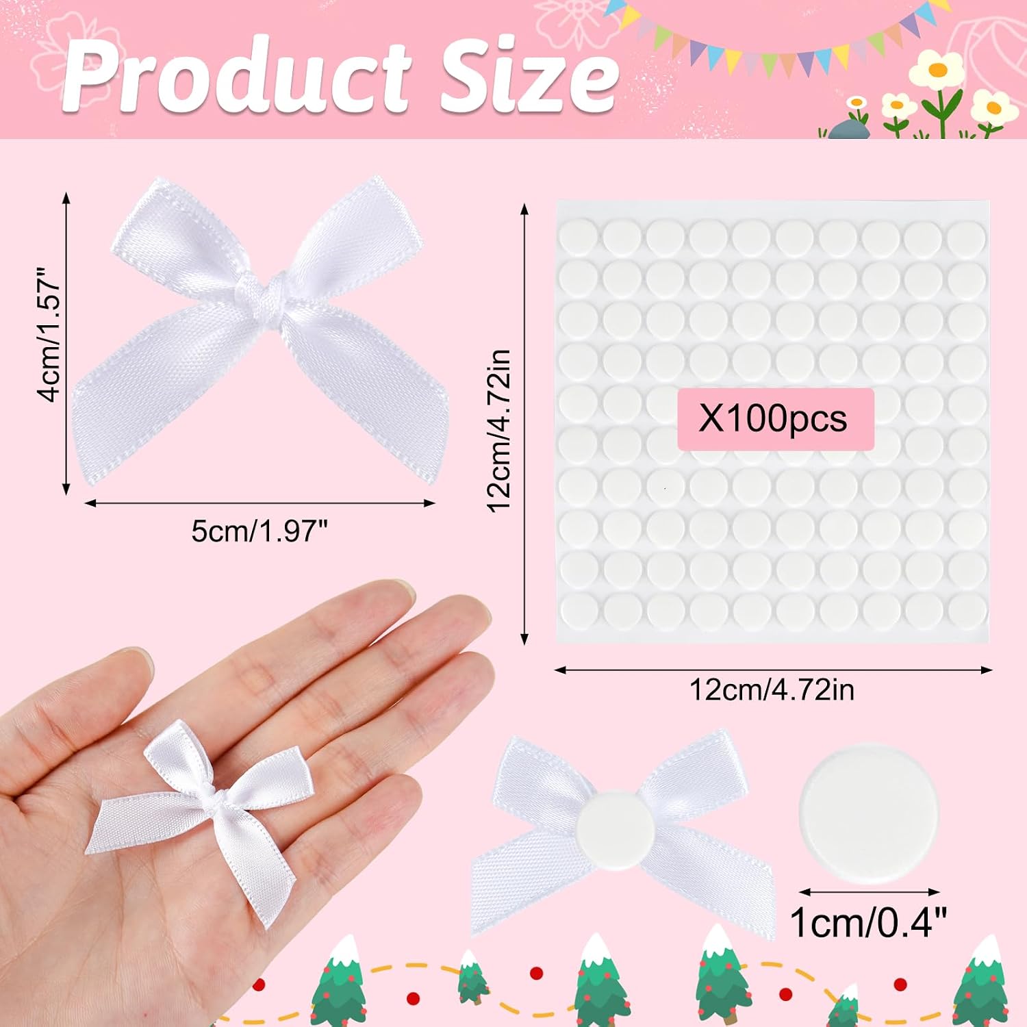 NEBURORA 100 Pcs Mini White Bows Small Satin Fabric Ribbons Bow with Dot Stickers for Gift Wrapping Cake Card DIY Crafts Wedding Party Decorations