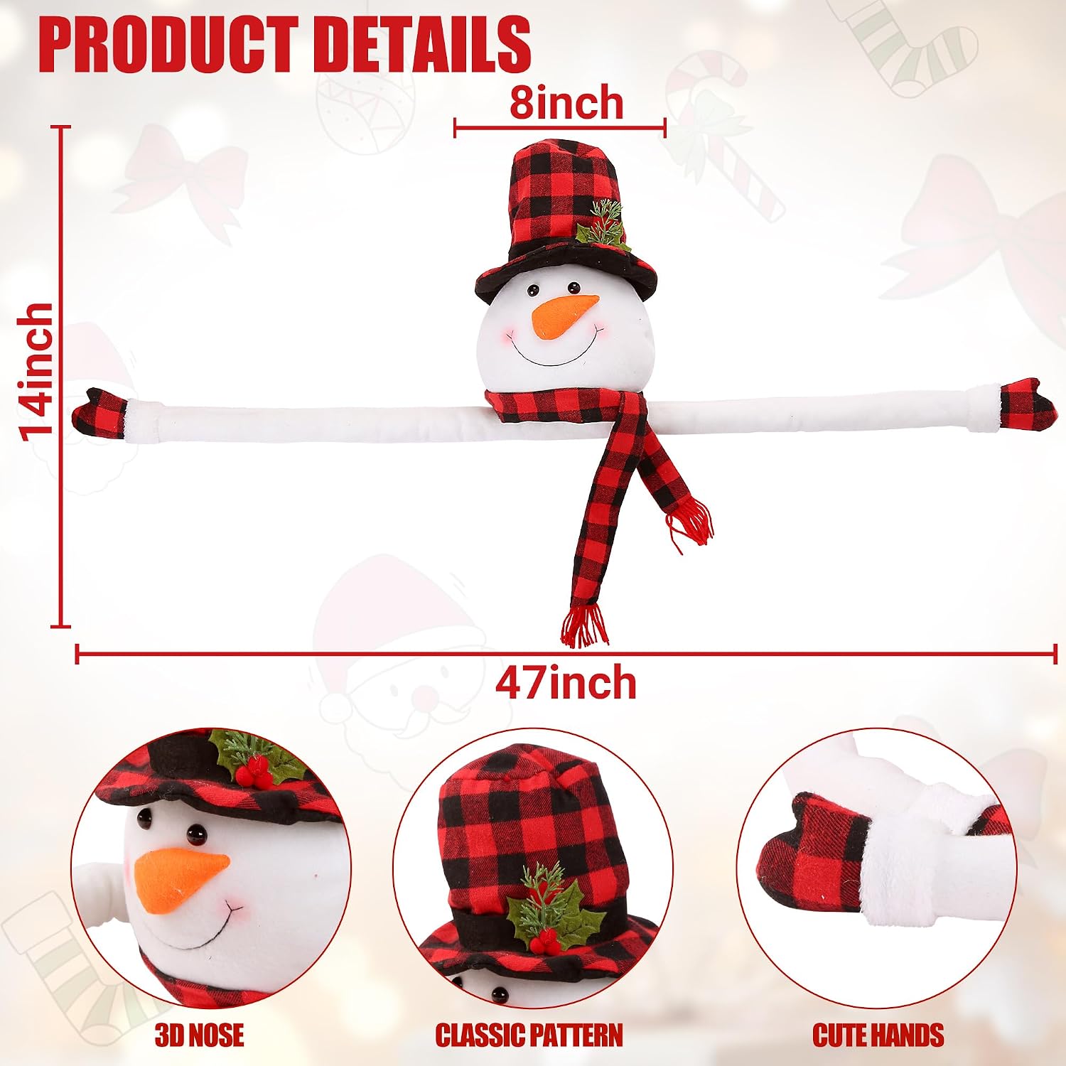Christmas Snowman Tree Topper Unique Christmas Decoration Large Plush Funny Christmas Tree Topper with Buffalo Plaid Hat Scarf Treetop Hugger Ornament for Home Holiday Winter Party Xmas Decor