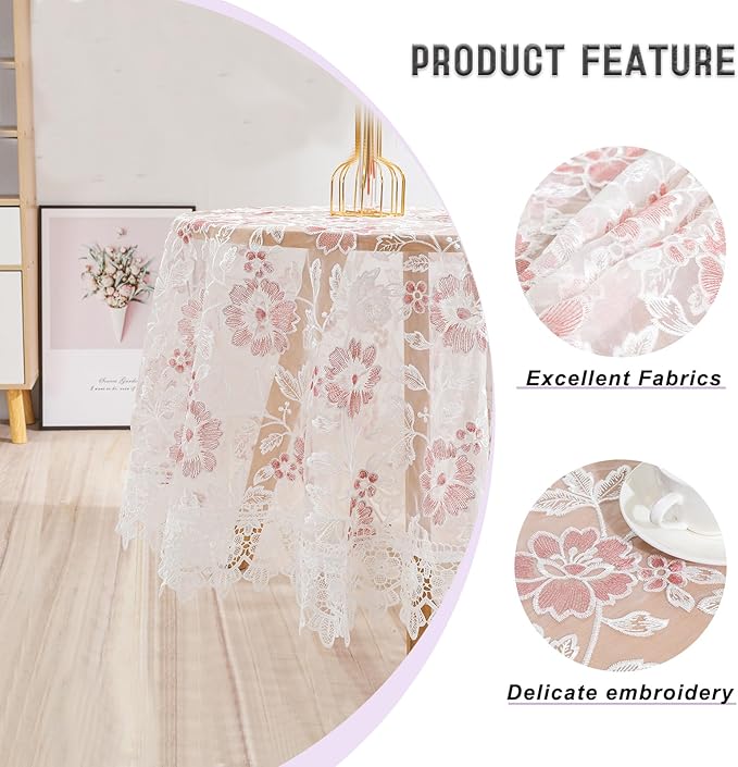 White Lace Tablecloth Round Embroidered Lace Tablecloth Vintage Decorative Exquisite Border Table Cover for Party Wedding Home Decorations, Round-48, White