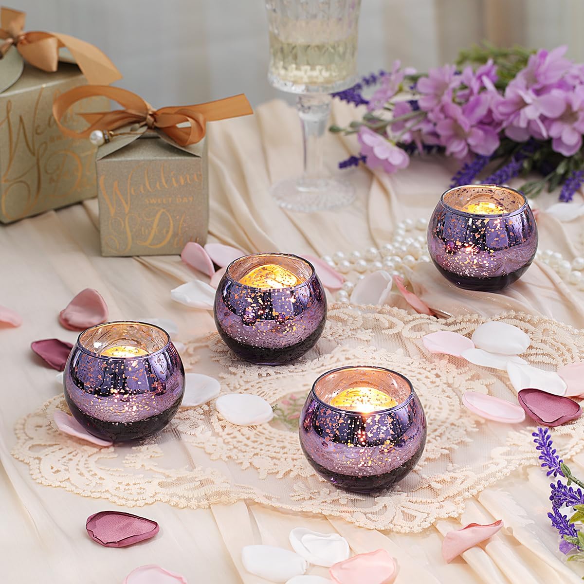 LETINE Purple Mercury Glass Votive Candle Holders - Set of 36 | Elegant Gold Tealight Candle Holders for Table Centerpieces, Weddings, Rehearsal Dinners, Halloween & Thanksgiving Decorations Indoor