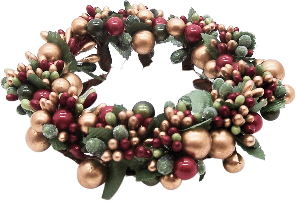 Beaded Berry Wreath Pillar Candle Holder, Holiday Table Decor, Christmas Decoration, 6.5 Inches