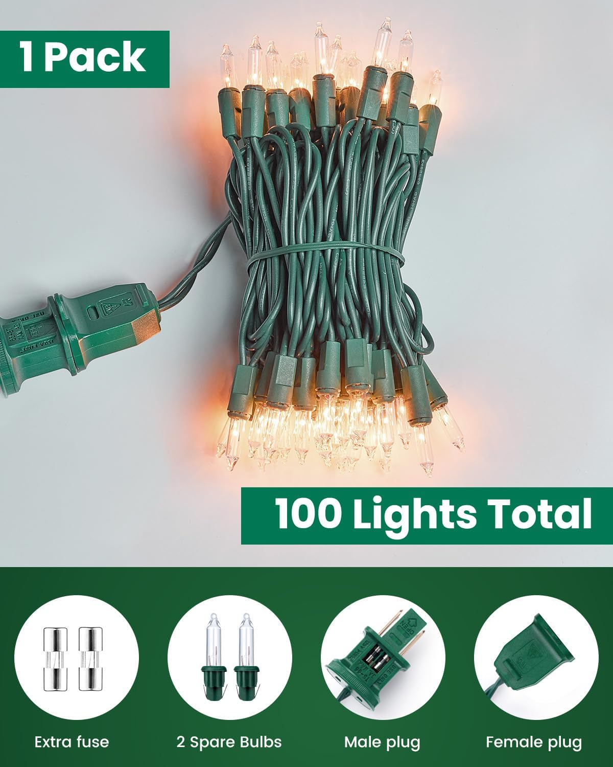 Minetom Clear Christmas String Lights 100 Count 20 Feet Incandescent Bulb Mini Lights for Indoor Xmas Tree Garland Birthday Wedding Party Festival Decoration, Green Wire