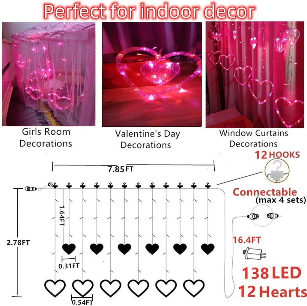 Efunly Valentines Day Decor Lights,138 LED 12-Heart-Shaped String Lights Waterproof,8 Modes Connetable 29V Plug in Curtain Lights for Kids Bedroom Wedding Party Valentines Day Decoration (Red+Pink)